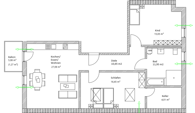 Eine barrierefreie, rollstuhlgerechte 3- Zimmer Wohnung mit Balkon im Dachgeschoss. Der Zugang erfolgt über das Treppenhaus oder mit dem Aufzug. Der Eingang der Wohnung führt über die Diele 10,65m² zu den drei Zimmern und Bad. Der Koch-,Ess- und Wohnbereich sind 27,09 m² groß mit Zugang zum Balkon 5,08 m² auf der Westseite. Das Schlafzimmer mit 16,45 m² hat zwei Dachflächenfenster im Süden und Zugang zum Kellerraum mit 4,01 m². Das zur Ostseite ausgerichtete großzügige Bad mit 11,95 m² verfügt über eine Badewanne und einem rollstuhlgerechten, bodenebenen Duschbereich sowie einem Anschluss für eine Waschmaschine. Ein Kinderzimmer mit Fenster zur Ostseite ist 15,05 m²groß.